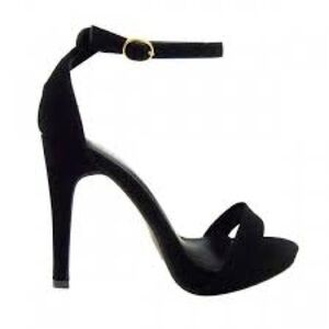 HerStyle Livveey 4” Heels Size 8 Black Faux Suede Strappy Sandals Gold Buckle